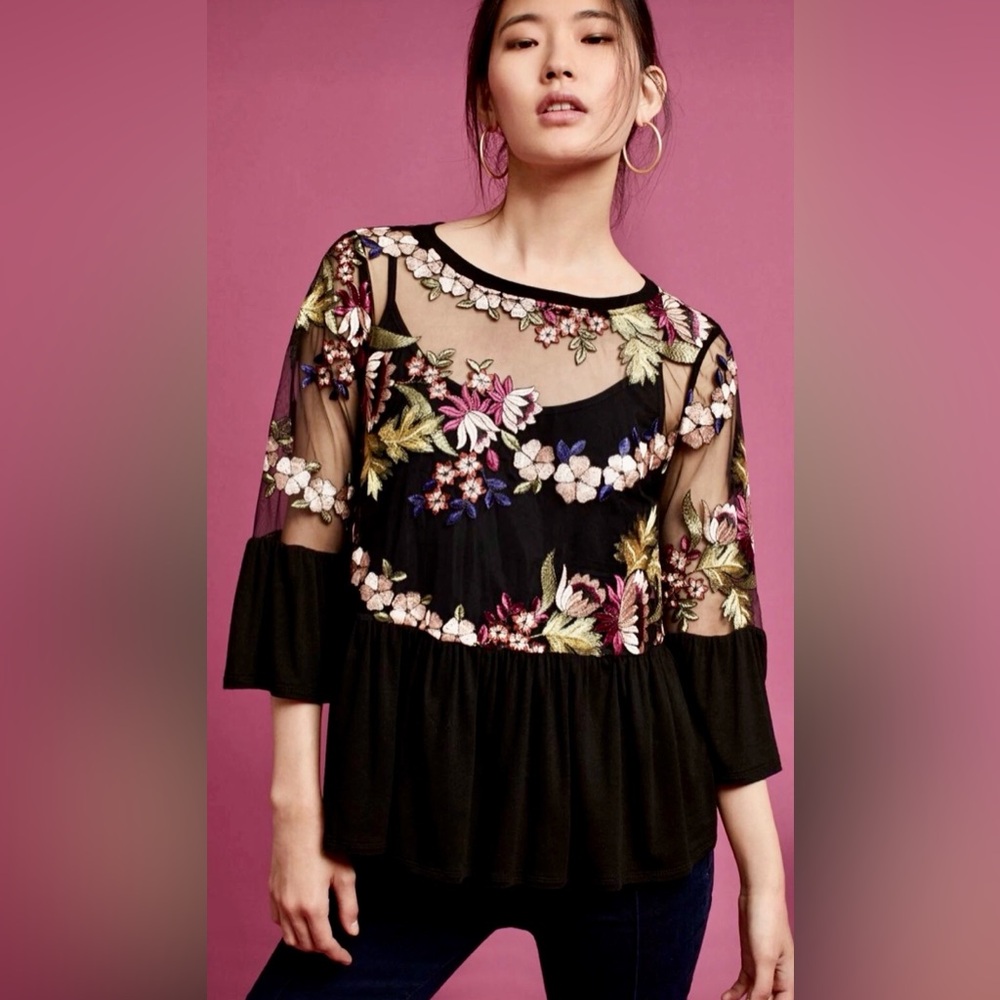 Anthropologie Eri + Ali Ornate Black Mesh Overlay Floral Embroidered Blouse Med.